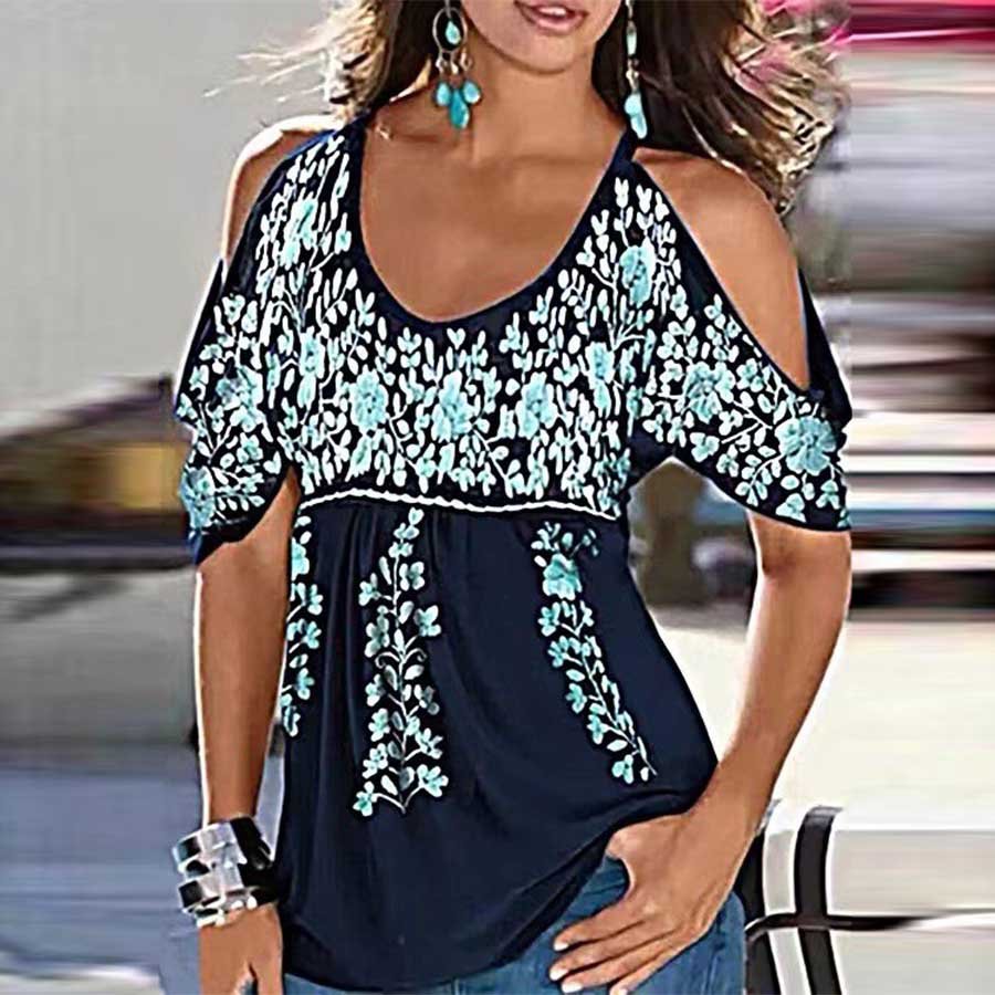Navy Loose V-neck Pleated Print Off Shoulder Short Sleeve T-shirt