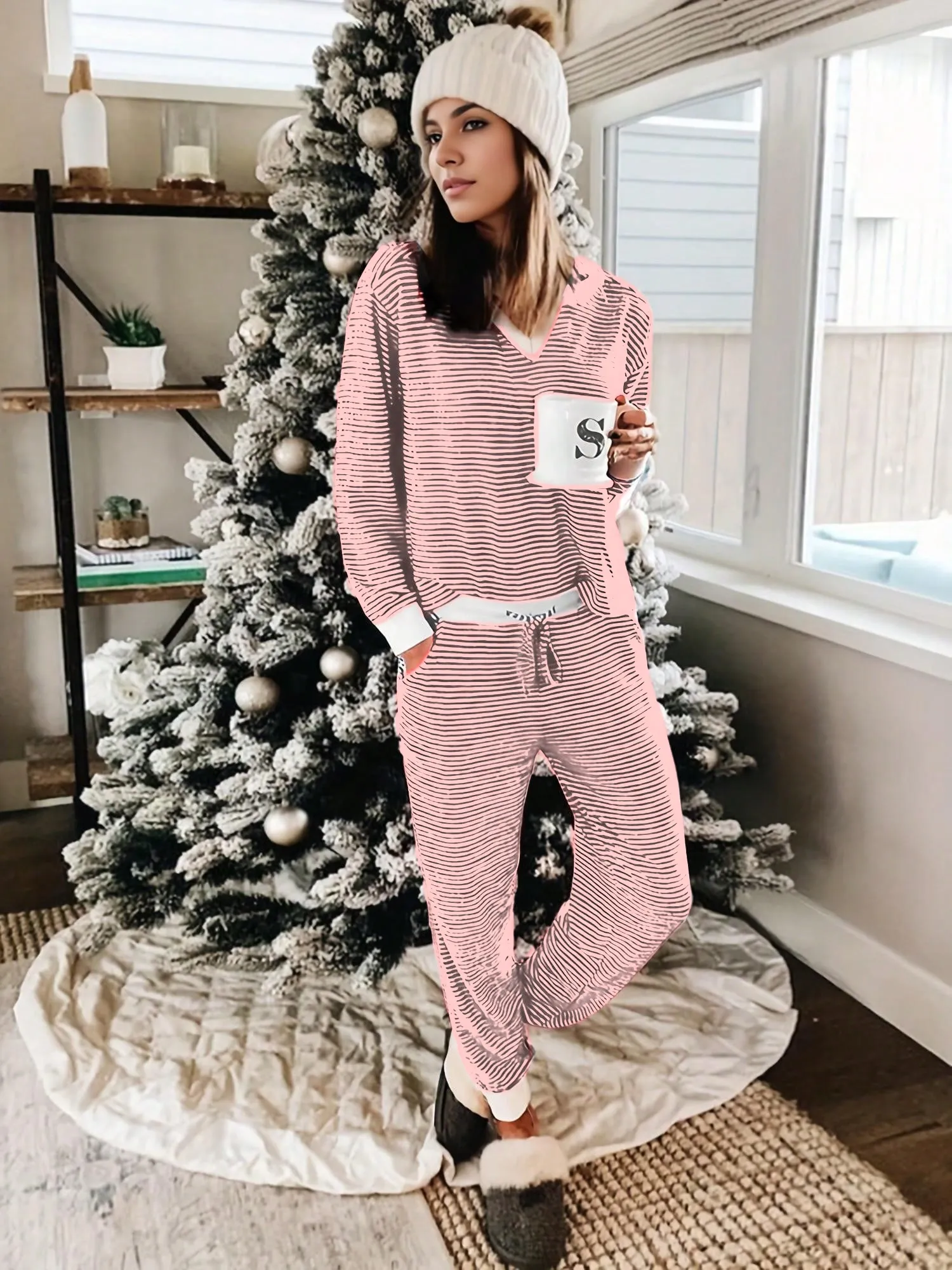 🔥🔥🔥🔥WOMEN'S STRIPED PRINT V NECK TEE & DRAWSTRING WAIST PANTS SETS