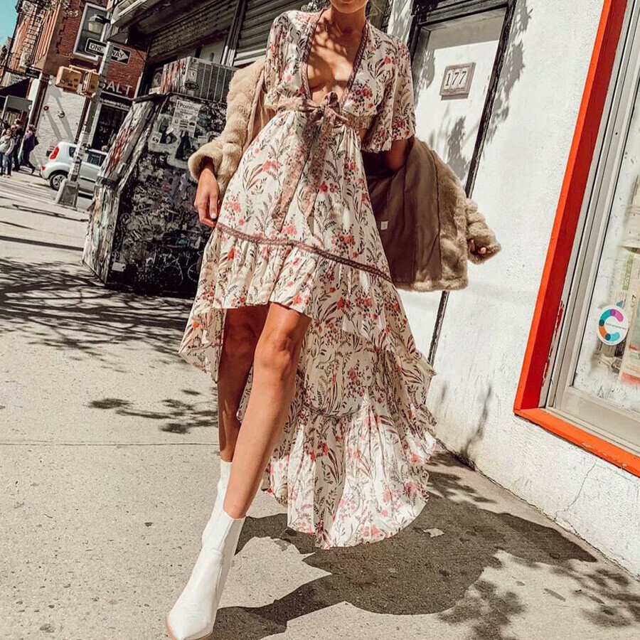 Floral Printed Gypsy Lace Maxi Dress