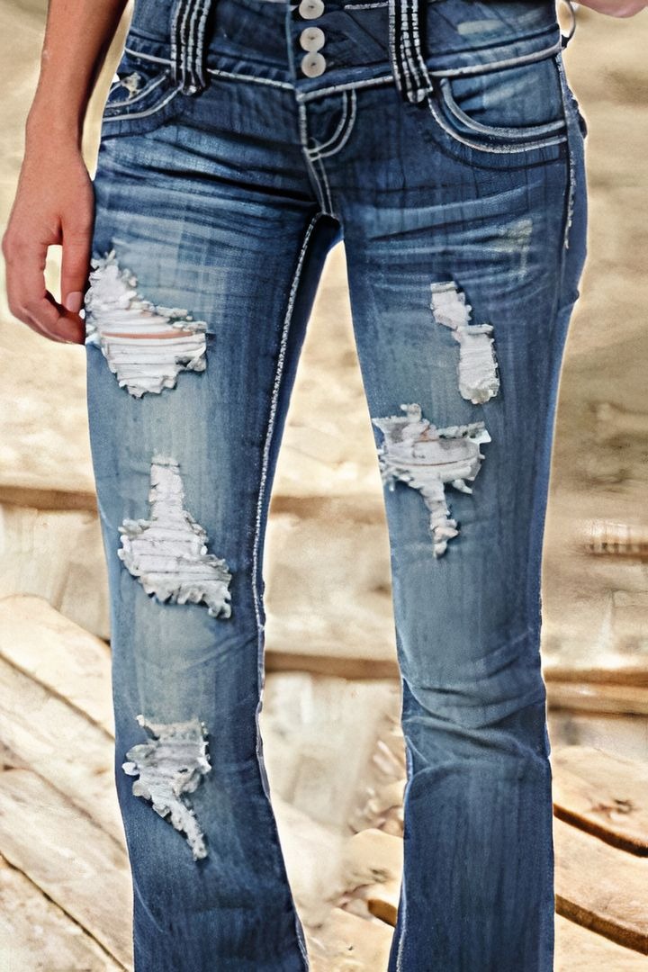 MIDIROS Vintage Low Waist Ripped Button Up Jeans-Umairmen