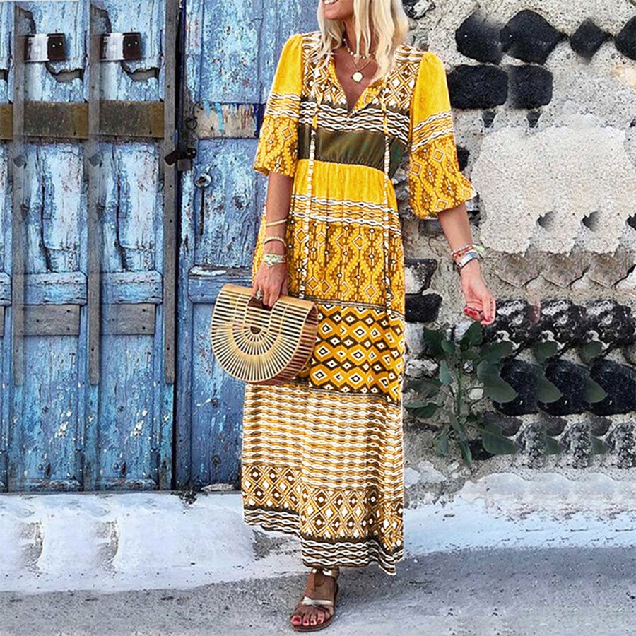 V-Neck Loose Print Dress