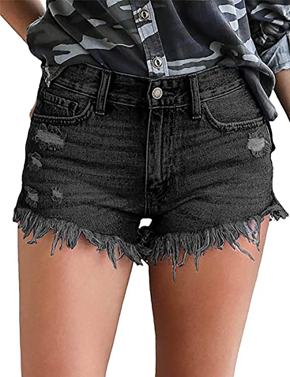 Women Denim Shorts Casual Summer Mid Waist Stretchy Denim Jean Shorts