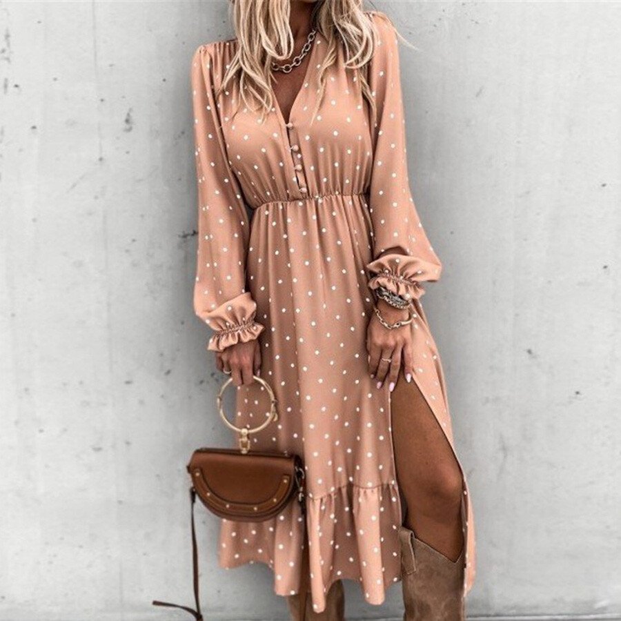 Women Boho Point Printed Long Sleeve Maxi Dress