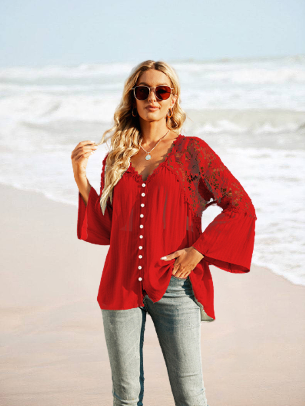 Womens Lace Crochet V Neck Long Sleeve Button Down Shirts Loose Blouses Tops