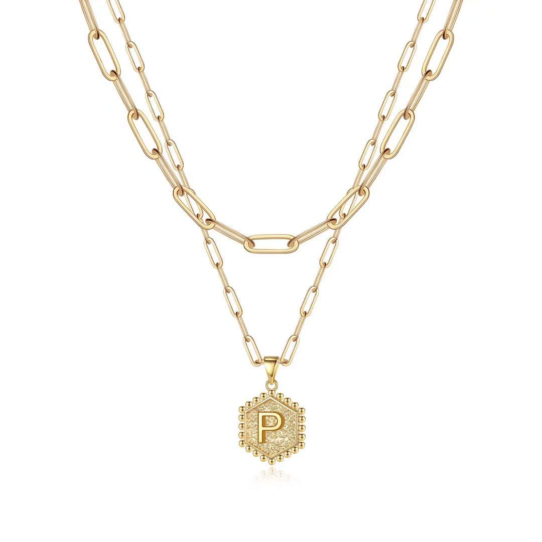 14K Gold Plated Cute Hex Alphabet Women's Gold Layered Necklace