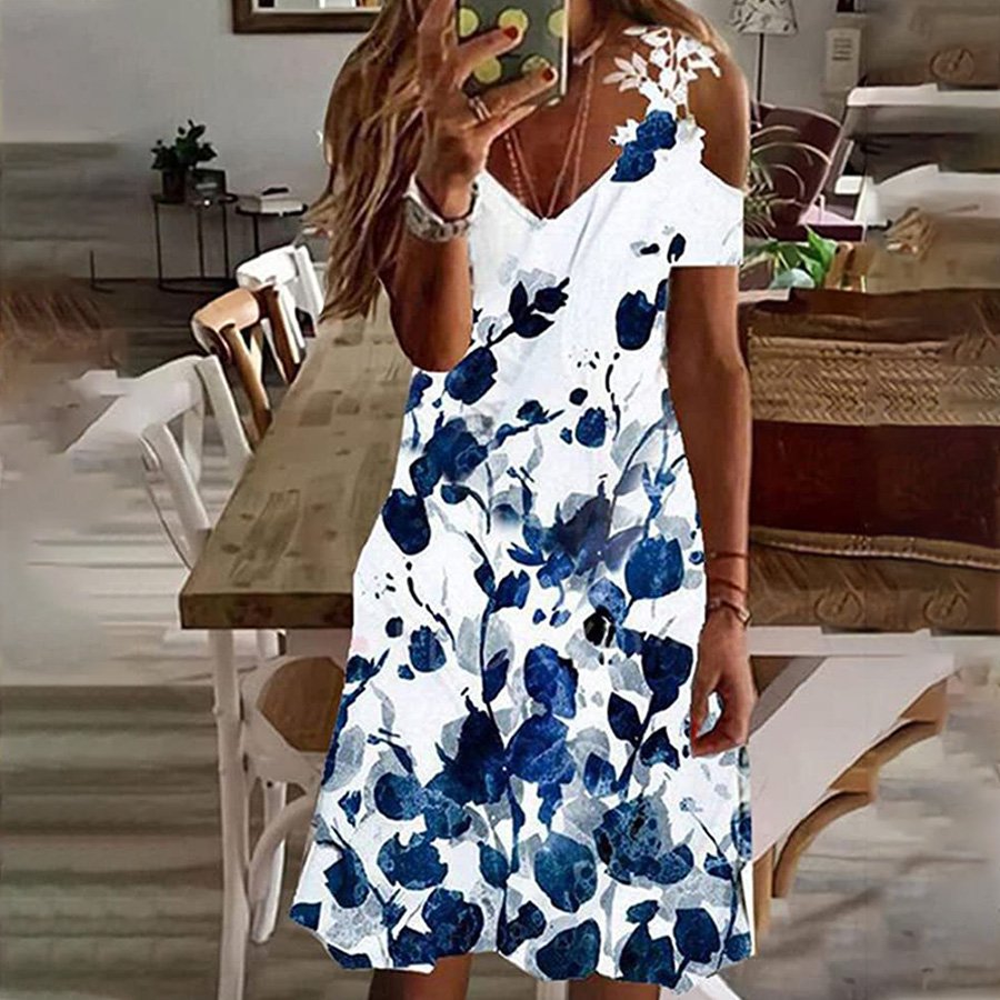 Ladies Lace V-Neck Off-Shoulder Print Dress