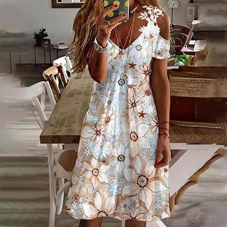 Ladies Lace V-Neck Off-Shoulder Print Dress