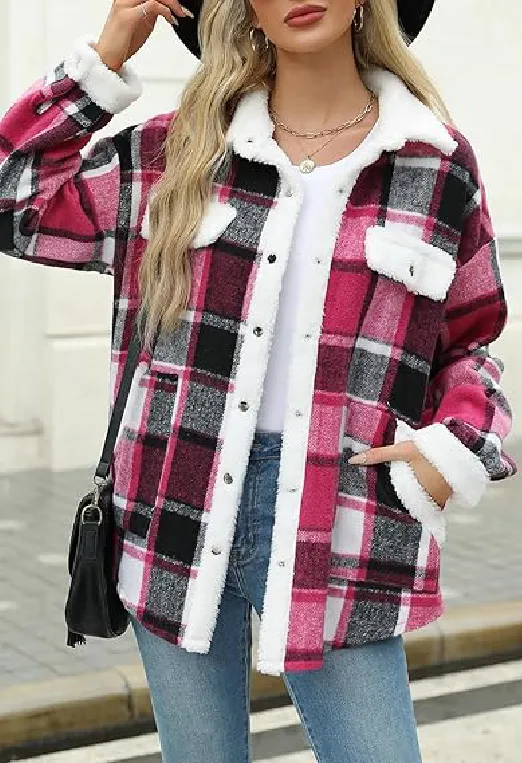 🔥🔥🔥🔥Women's Fleece Flannel Button Down Plaid Shacket Jacket