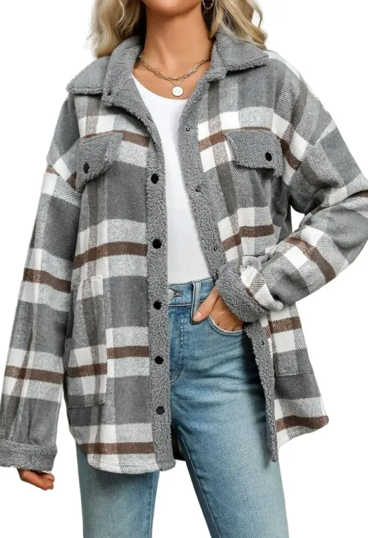 🔥🔥🔥🔥Women's Fleece Flannel Button Down Plaid Shacket Jacket