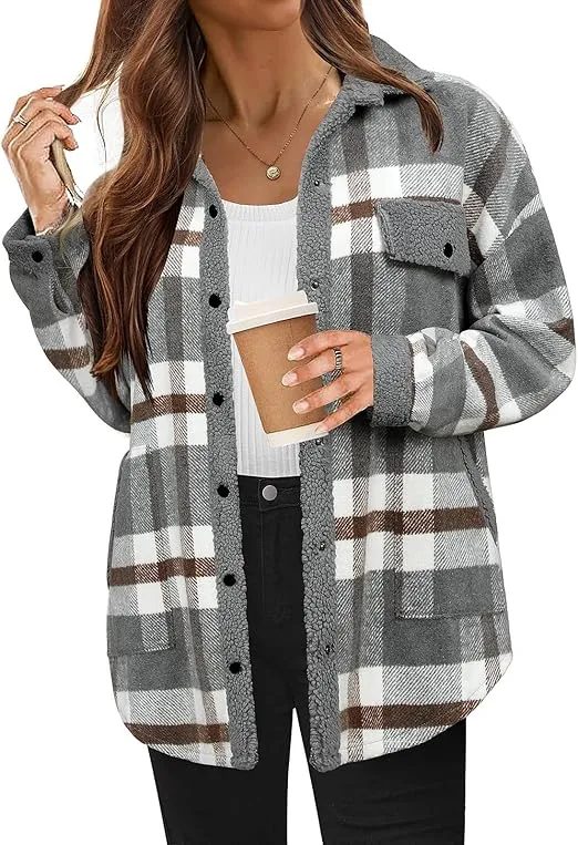 🔥🔥🔥🔥Women's Fleece Flannel Button Down Plaid Shacket Jacket