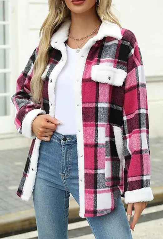 🔥🔥🔥🔥Women's Fleece Flannel Button Down Plaid Shacket Jacket
