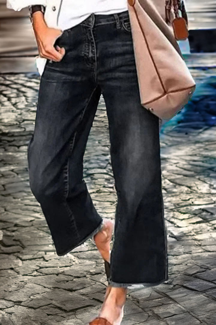 🔥🔥Midiross Washed Raw Hem Mid Waist Straight Leg Stretch Jeans