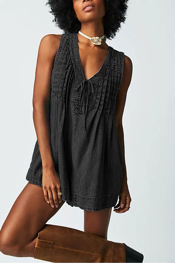 DENIM V-NECK PLEATED ROMPER (BUY 2 FREE SHIPPING)