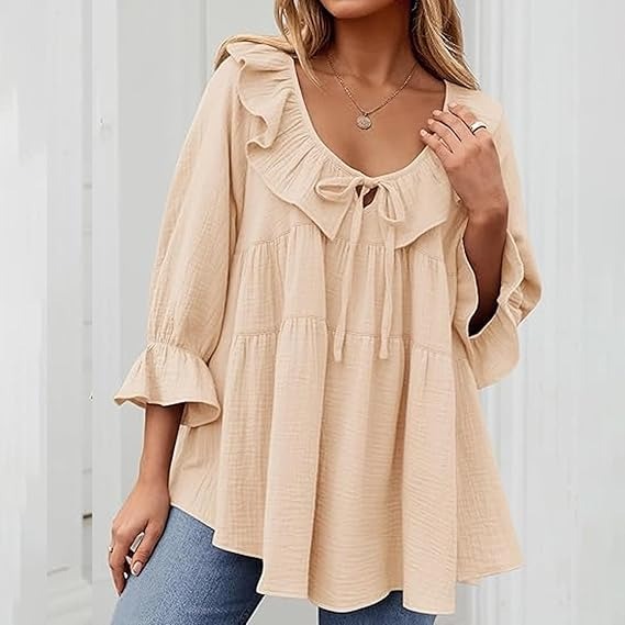 🔥HOT SALE🔥3/4 Sleeve Tee Round Neck Tie Front Layered Ruffle Shirt(BUY 2 FREE SHIPPING)