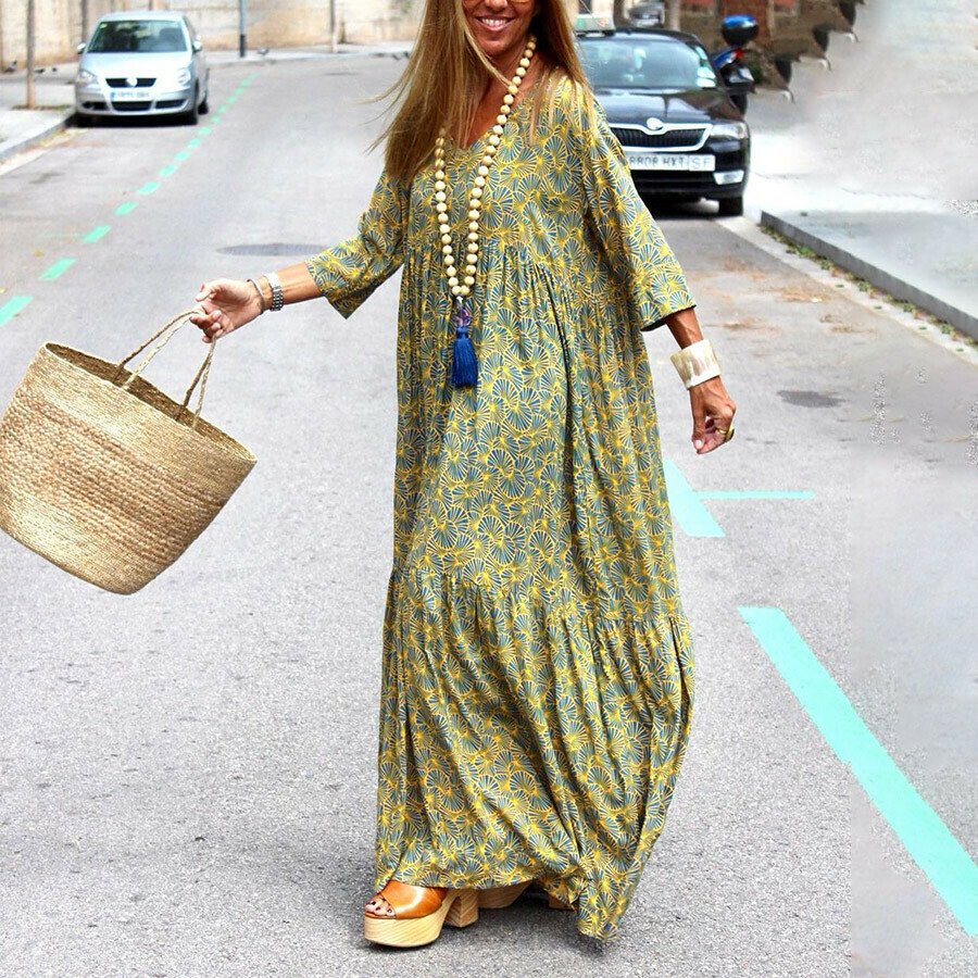 V-Neck Print Long Sleeve Dress