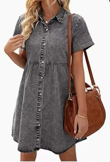 🔥🔥🔥🔥Women's Short Sleeve Button Down Flowy Tiered Babydoll Denim Dress（Buy 2 Free Shipping）
