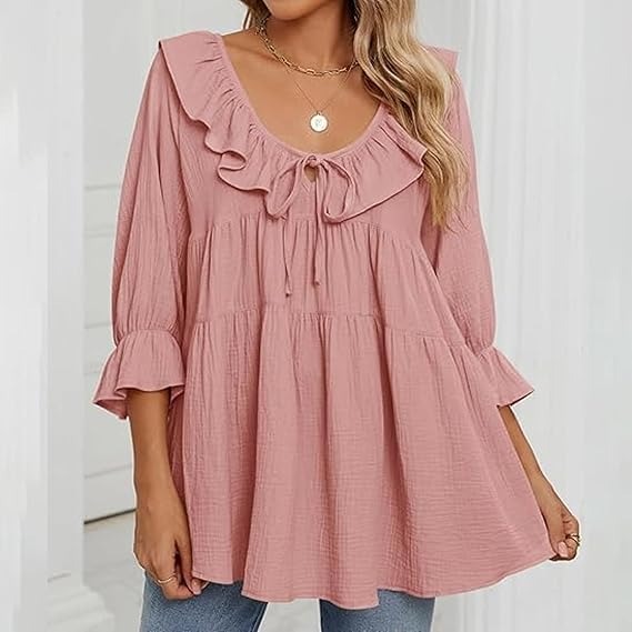🔥HOT SALE🔥3/4 Sleeve Tee Round Neck Tie Front Layered Ruffle Shirt(BUY 2 FREE SHIPPING)