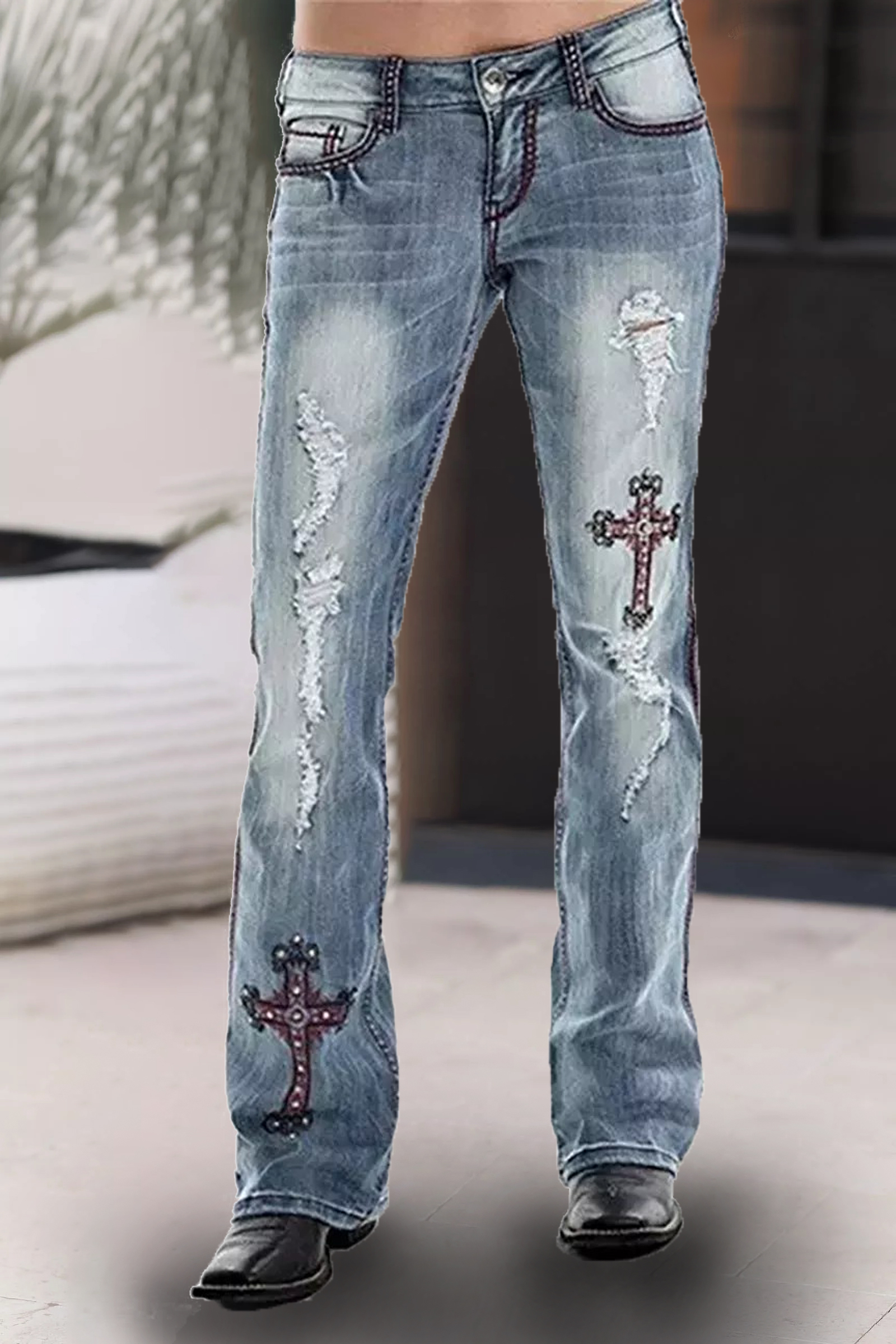 Ladies Fashion Vintage Cross Western Printed Jeans
