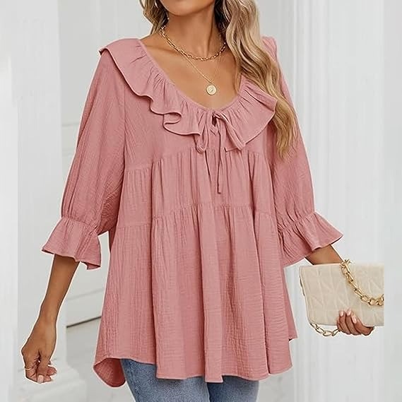 🔥HOT SALE🔥3/4 Sleeve Tee Round Neck Tie Front Layered Ruffle Shirt(BUY 2 FREE SHIPPING)