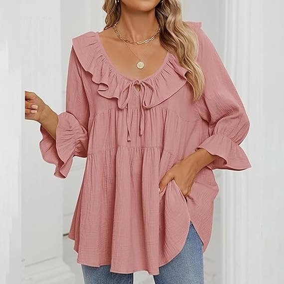 🔥HOT SALE🔥3/4 Sleeve Tee Round Neck Tie Front Layered Ruffle Shirt(BUY 2 FREE SHIPPING)