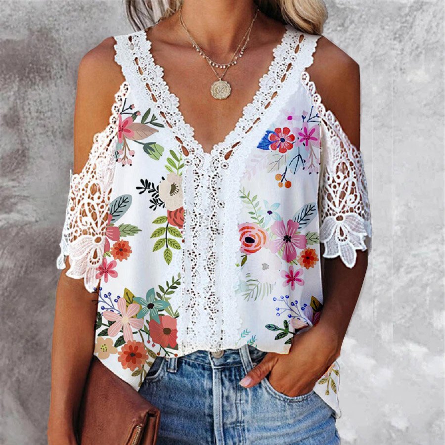 Women's  Lace Design Flowers Printed Tops Blouse
