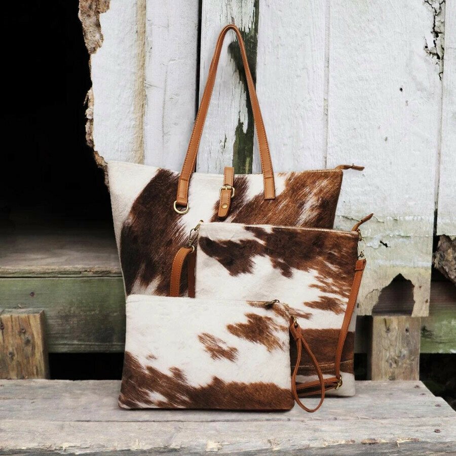 PU Cotton Plush Super Soft Cow Pattern Three-Piece Makeup Hand-Held One-Shoulder Handbag