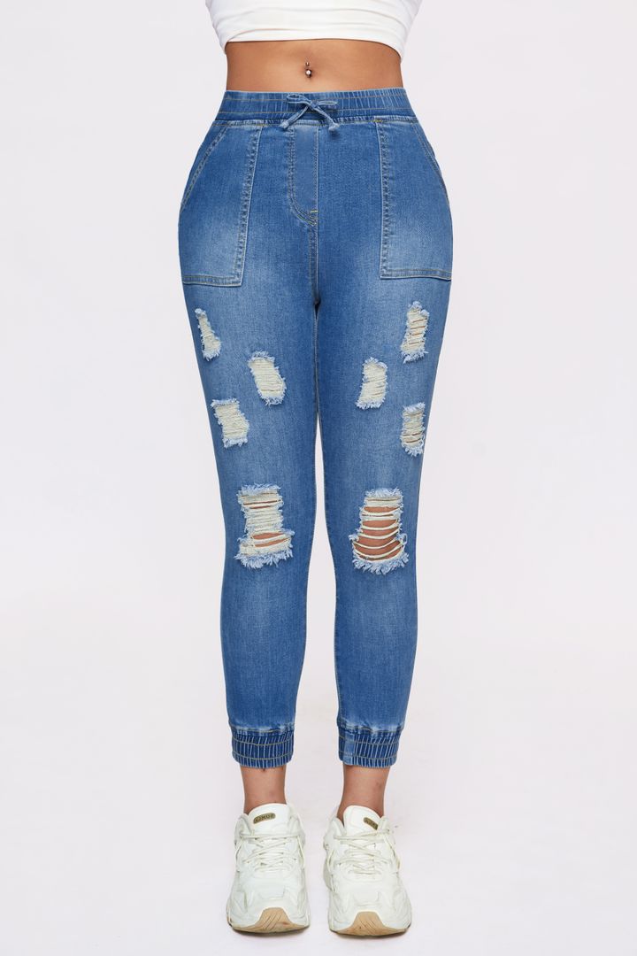 Midiross Ripped Drawstring Elastic Waist Pocket Detail Capris Jeans