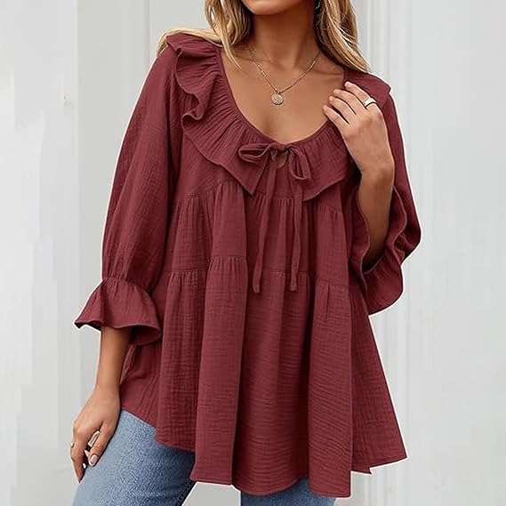 🔥HOT SALE🔥3/4 Sleeve Tee Round Neck Tie Front Layered Ruffle Shirt(BUY 2 FREE SHIPPING)