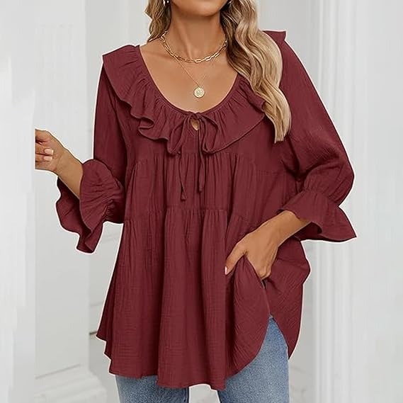 🔥HOT SALE🔥3/4 Sleeve Tee Round Neck Tie Front Layered Ruffle Shirt(BUY 2 FREE SHIPPING)