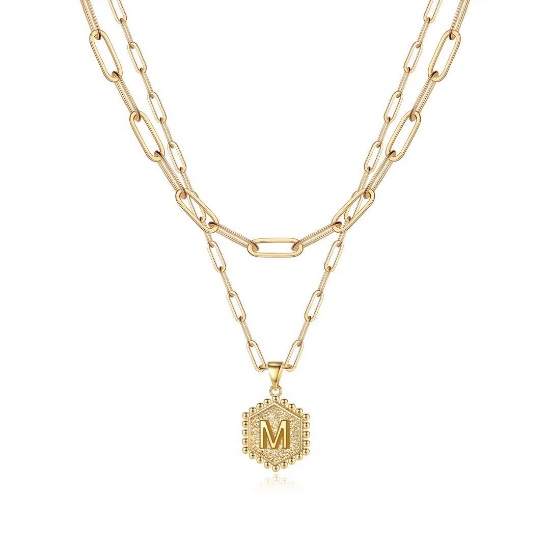 14K Gold Plated Cute Hex Alphabet Women's Gold Layered Necklace