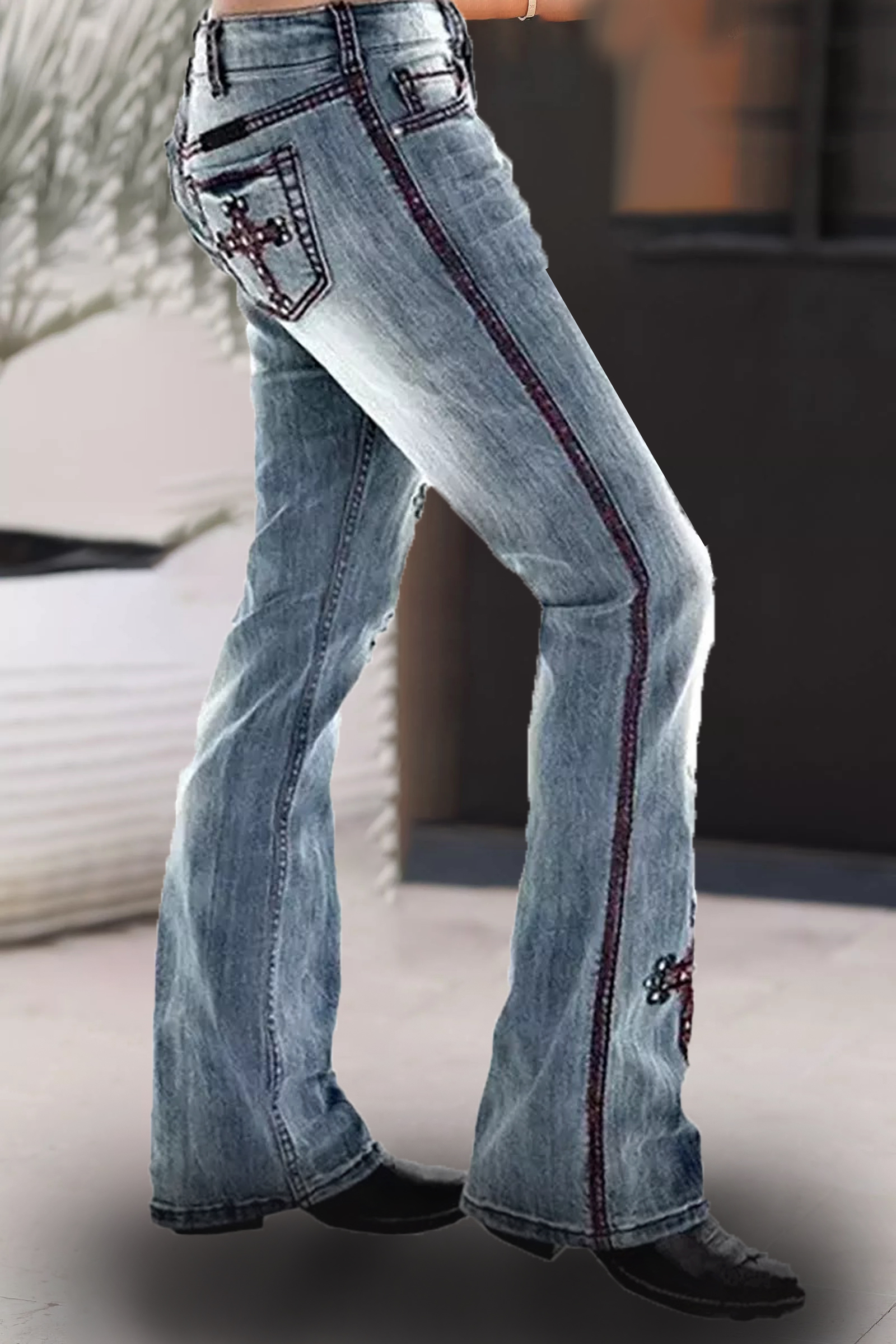 Ladies Fashion Vintage Cross Western Printed Jeans