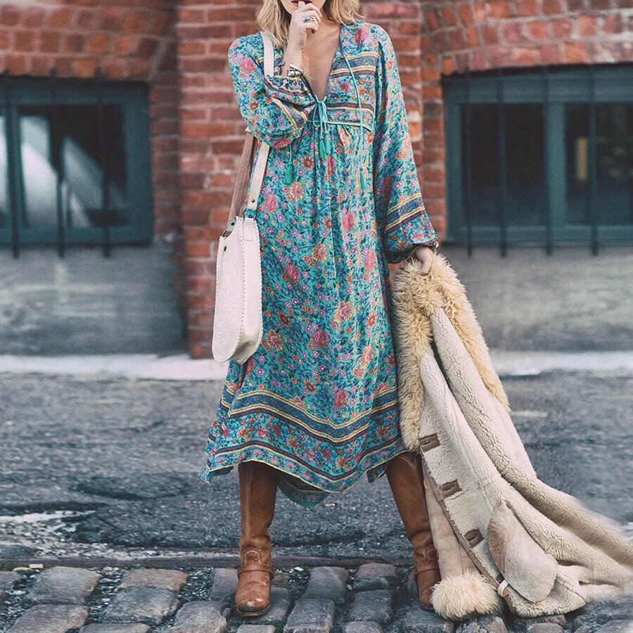 Cowgirl  Boho Printed Floral Long Sleeve Maxi Dress