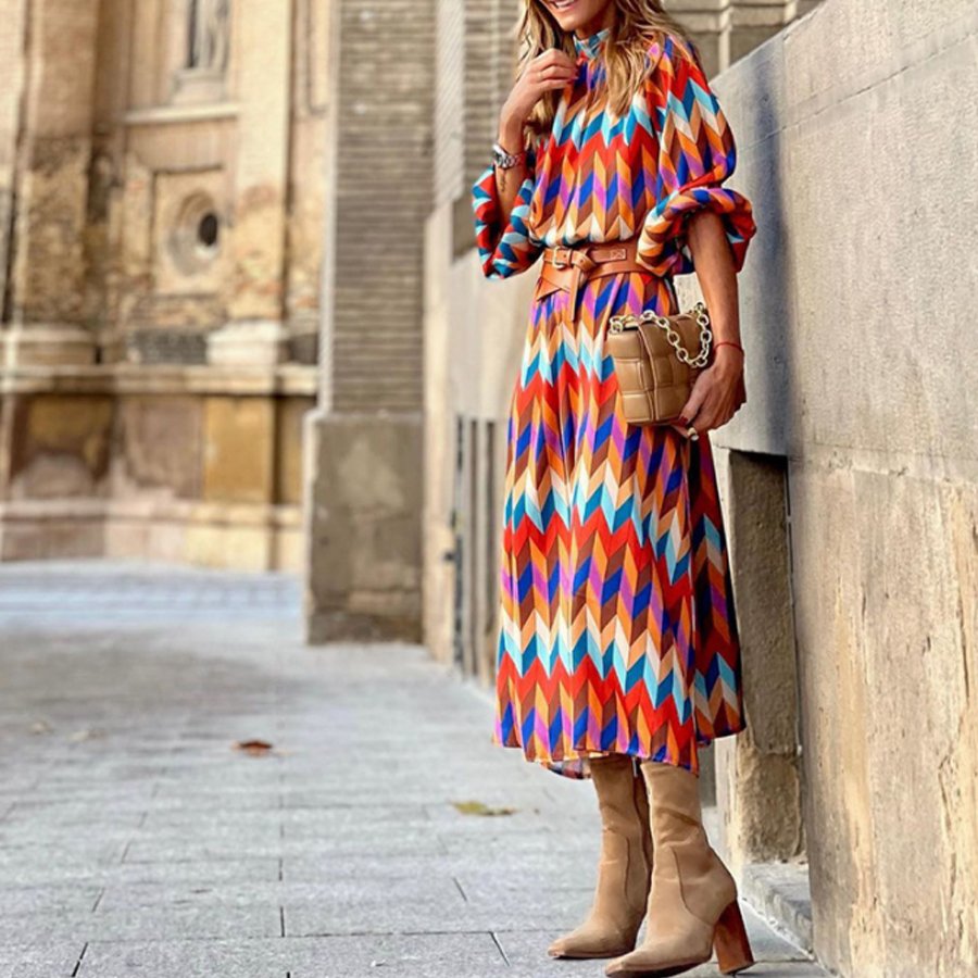Ladies Geometric Print Casual Long Dress