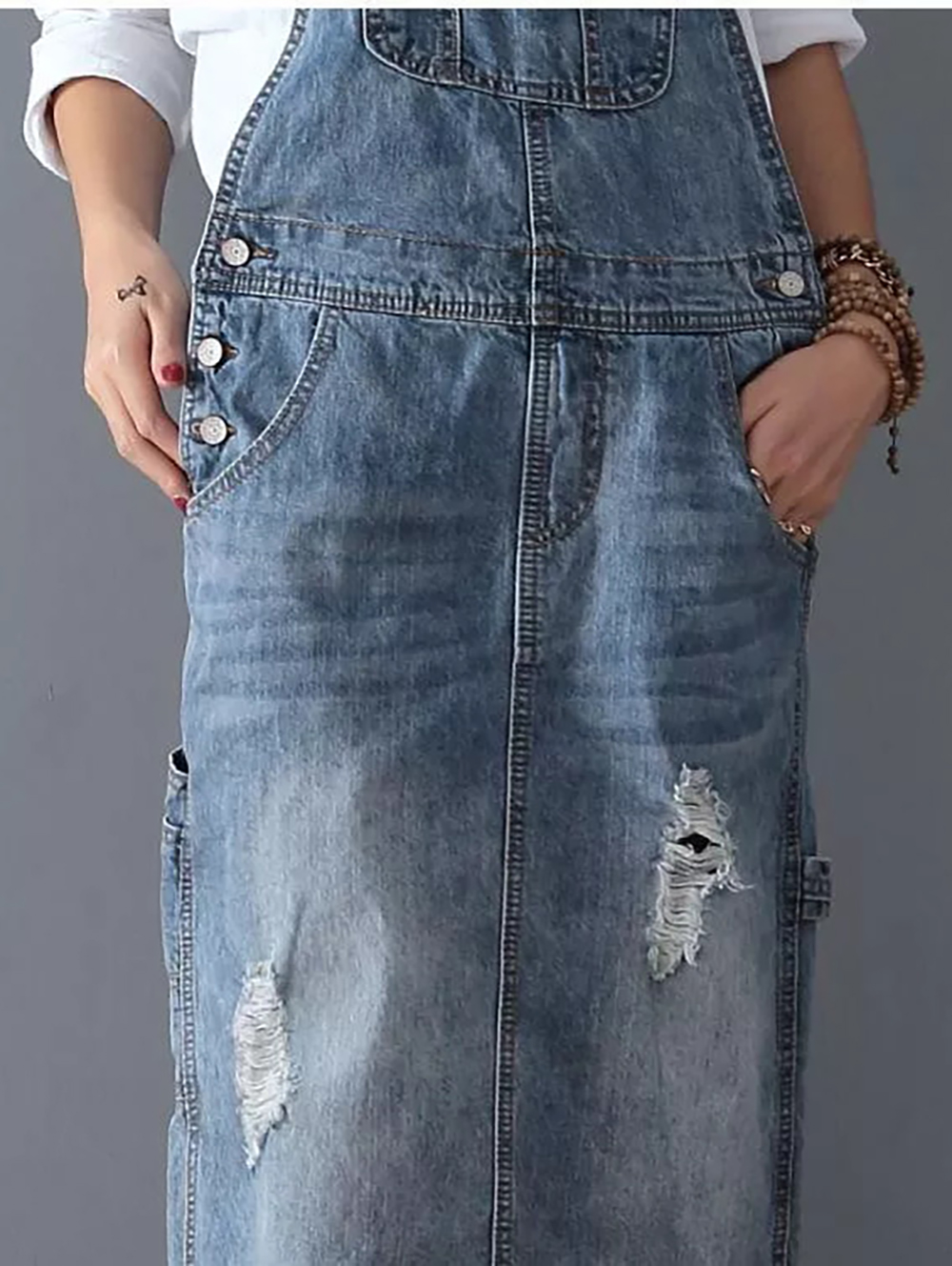 Midiross Ripped Denim Overall Dress