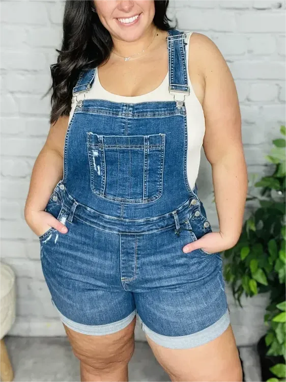 WOMEN'S DENIM OVERALL HIGH RISE SHORTS