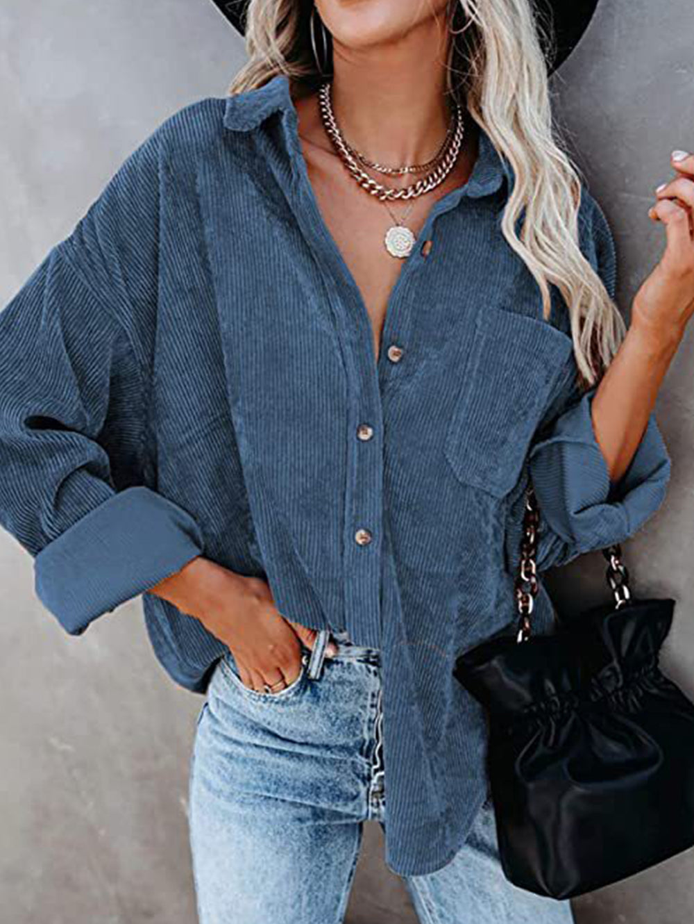 Ladies Corduroy Casual Loose Pocket Long Sleeve Shirt