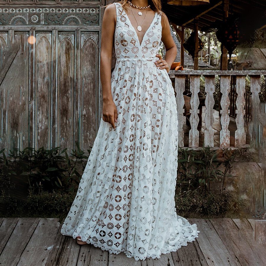 Sexy Sleeveless Deep V Vacation Bohemian Dress