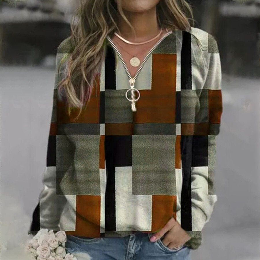 Ladies Retro V-neck Zipper Print Long Sleeve Sweatshirt