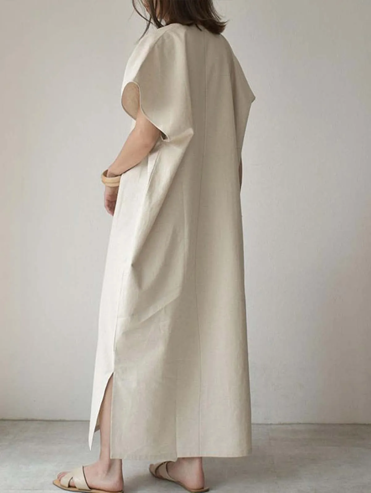 SIMPLE BLACK&BEIGE BATWING SLEEVE SPLIT-SIDE MAXI DRESS