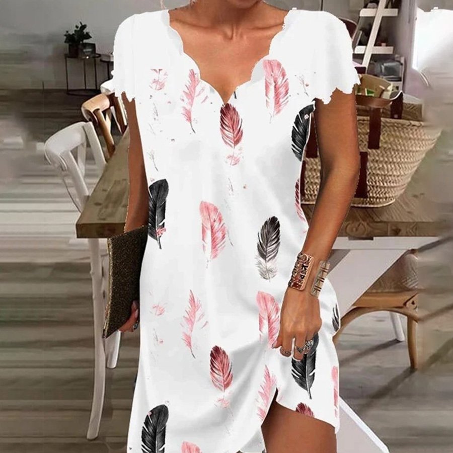 Women's Feather Print Wavy Low Cut V Neck Dress