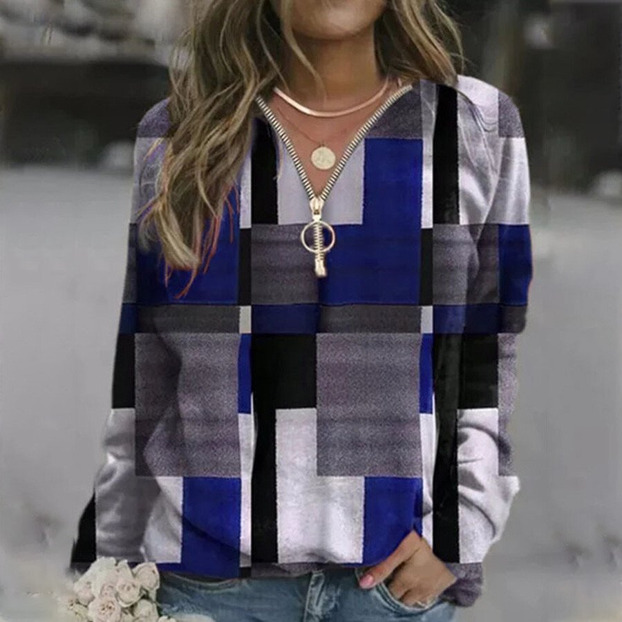 Ladies Retro V-neck Zipper Print Long Sleeve Sweatshirt