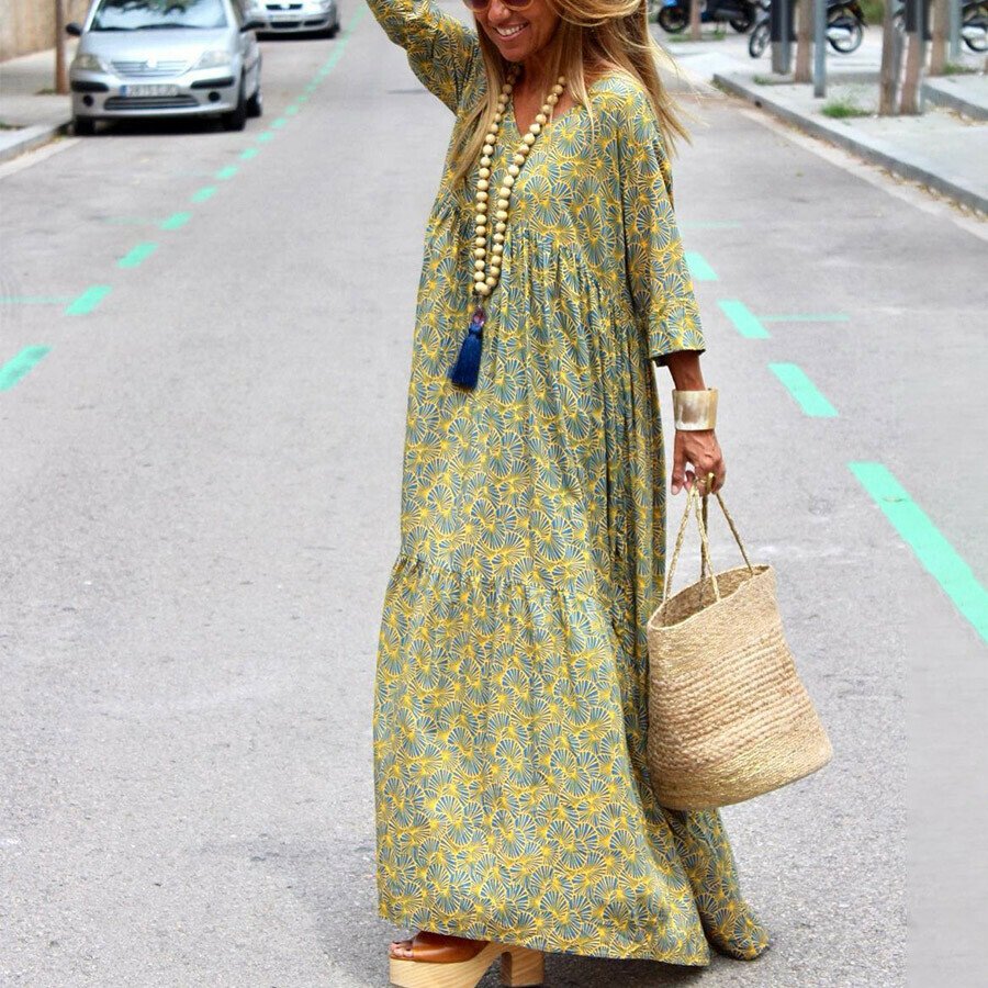 V-Neck Print Long Sleeve Dress
