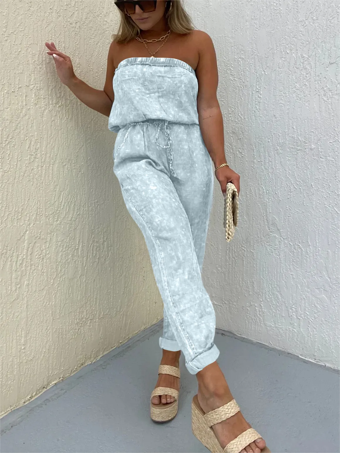 WOMEN'S STRAPLESS DENIM JUMPSUIT