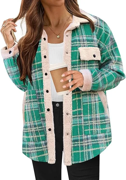 🔥🔥🔥🔥Women's Fleece Flannel Button Down Plaid Shacket Jacket