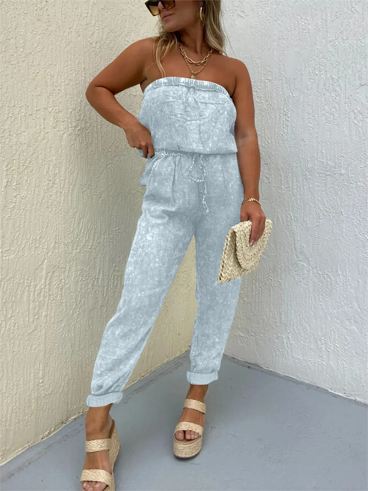 WOMEN'S STRAPLESS DENIM JUMPSUIT