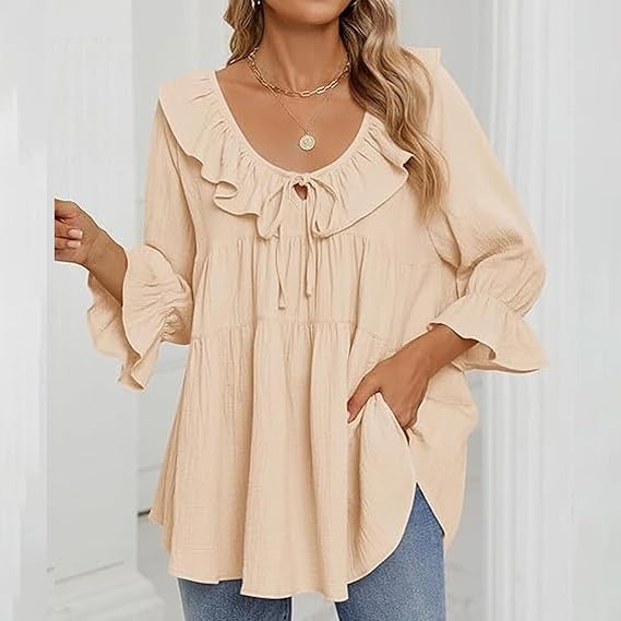 🔥HOT SALE🔥3/4 Sleeve Tee Round Neck Tie Front Layered Ruffle Shirt(BUY 2 FREE SHIPPING)