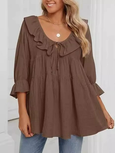 🔥HOT SALE🔥3/4 Sleeve Tee Round Neck Tie Front Layered Ruffle Shirt(BUY 2 FREE SHIPPING)