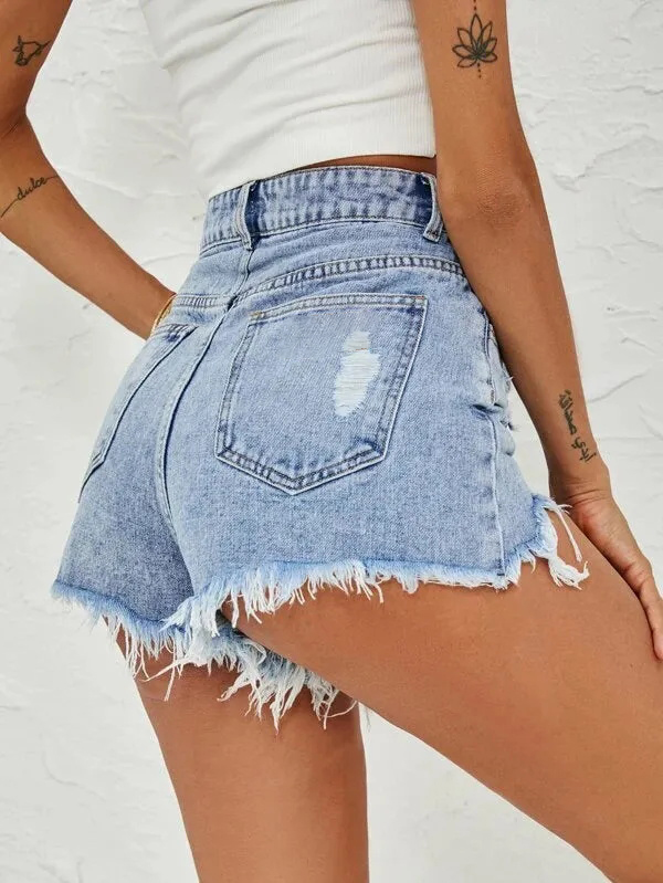 High Waist Raw Hem Denim Shorts