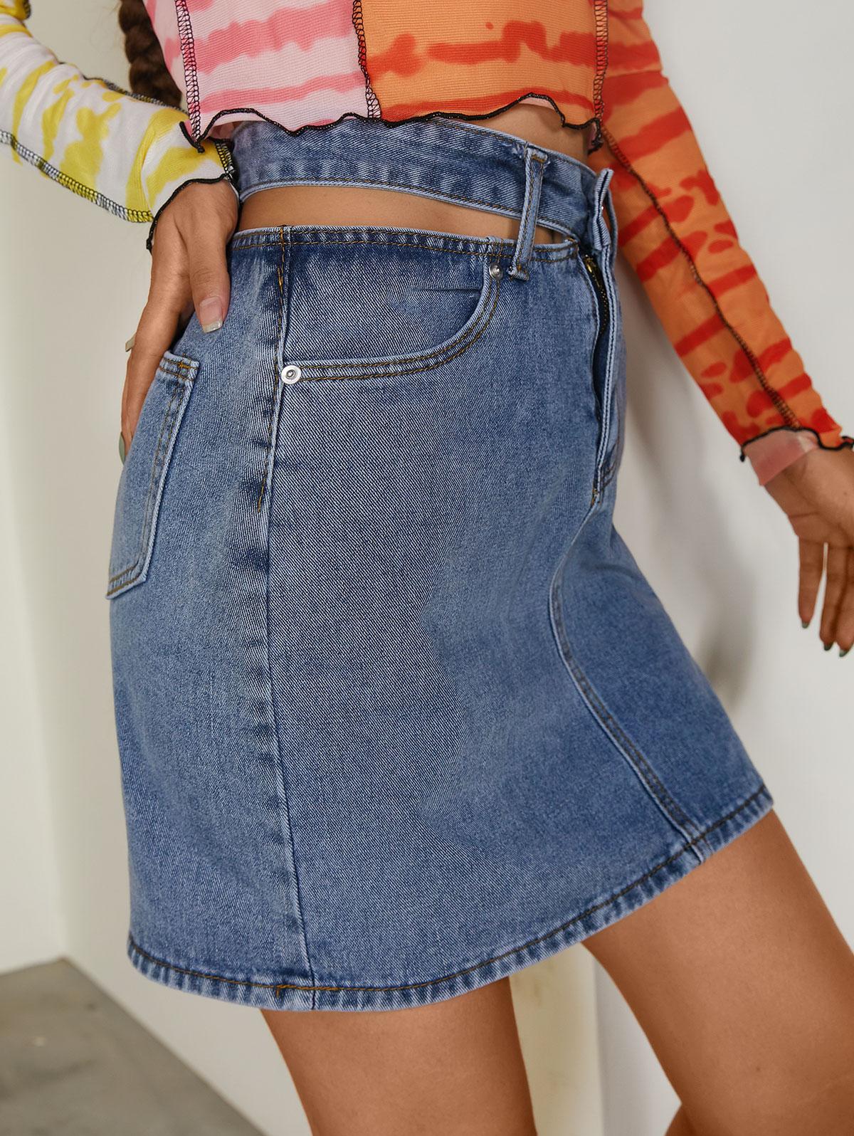 Cut Out Waist Denim Pelmet Skirt
