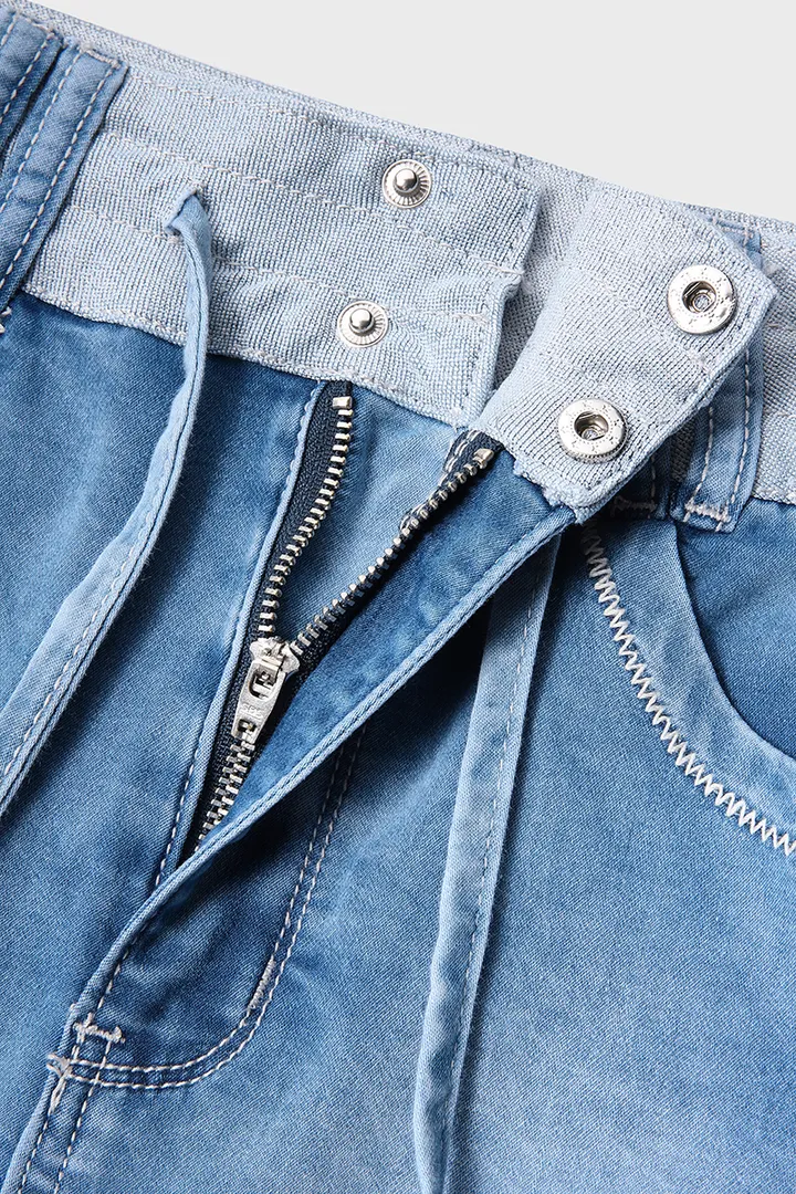 Midiross Drawstring Contrast Binding Ripped High Waist Denim Skort